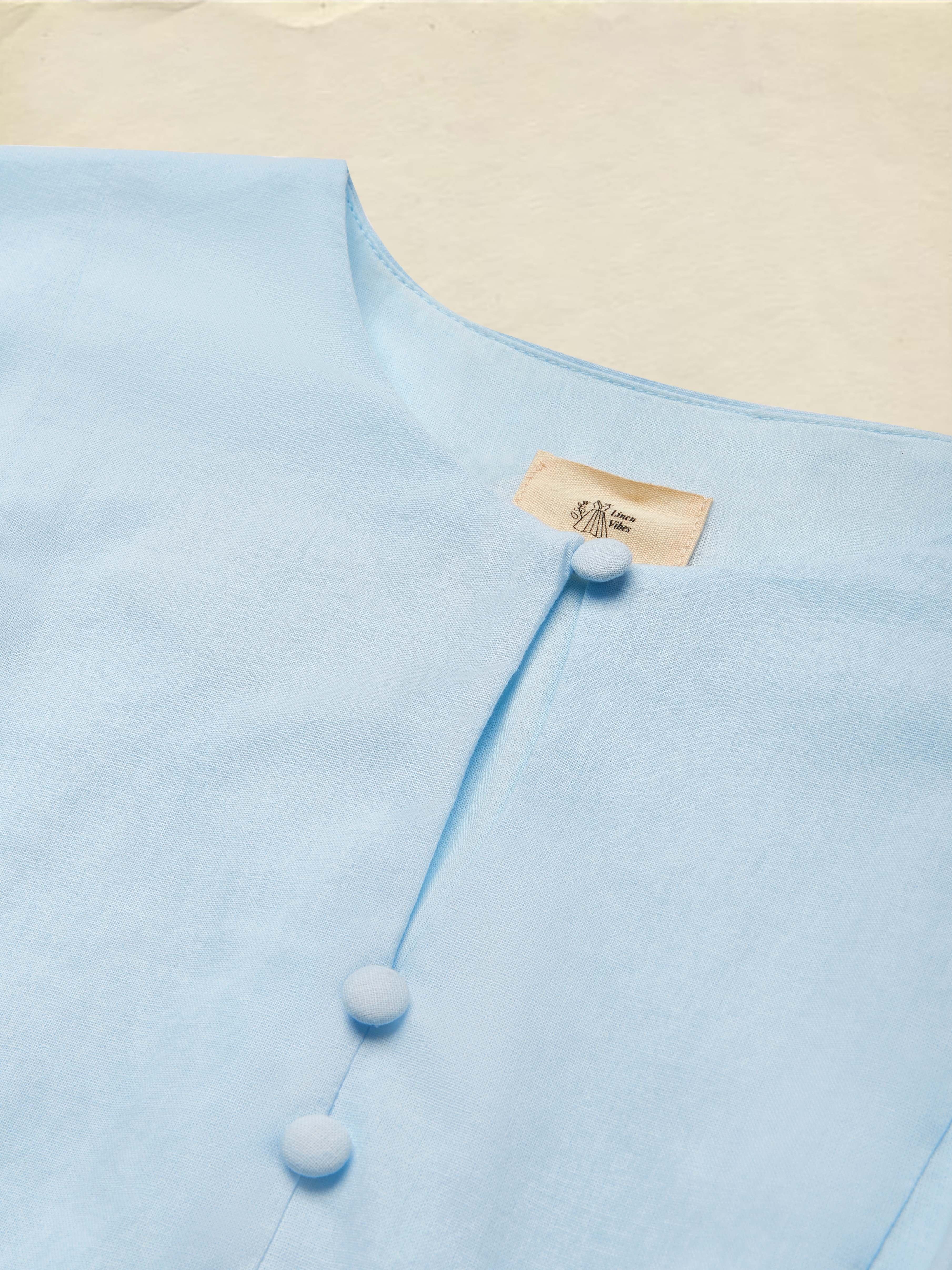 Midi Linen Dress, Crew Collar, Cap Sleeve,  Button Down, Cottagecore, Linen Blend, Blue - Blue
