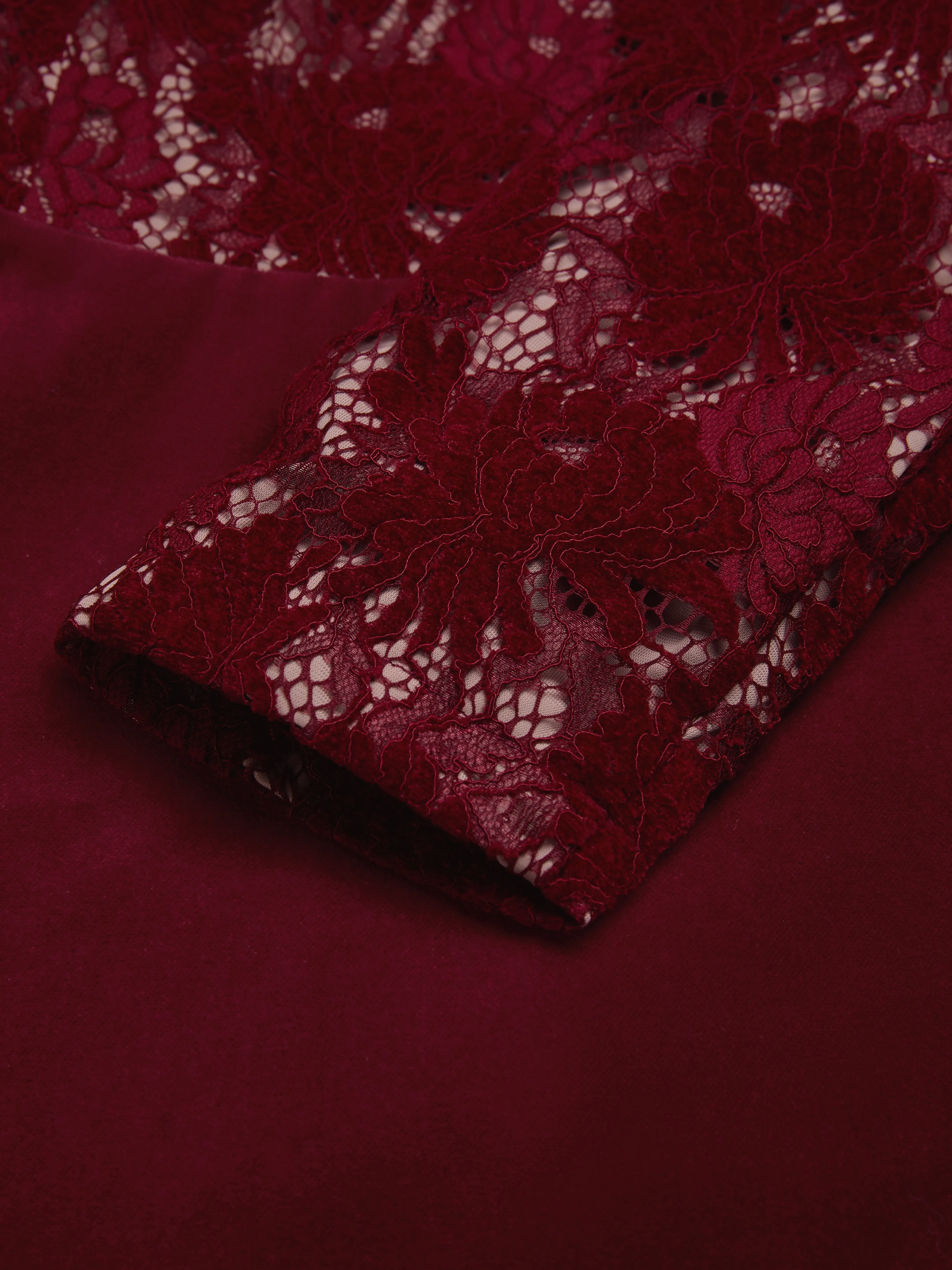 Midi Cotton Dress, Long Sleeves, Round Neck, Floral, Lace, Vintage, Red - Red