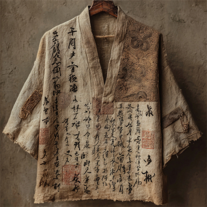 Japanese Ancient Calligraphy Art Linen Shirt - Khaki