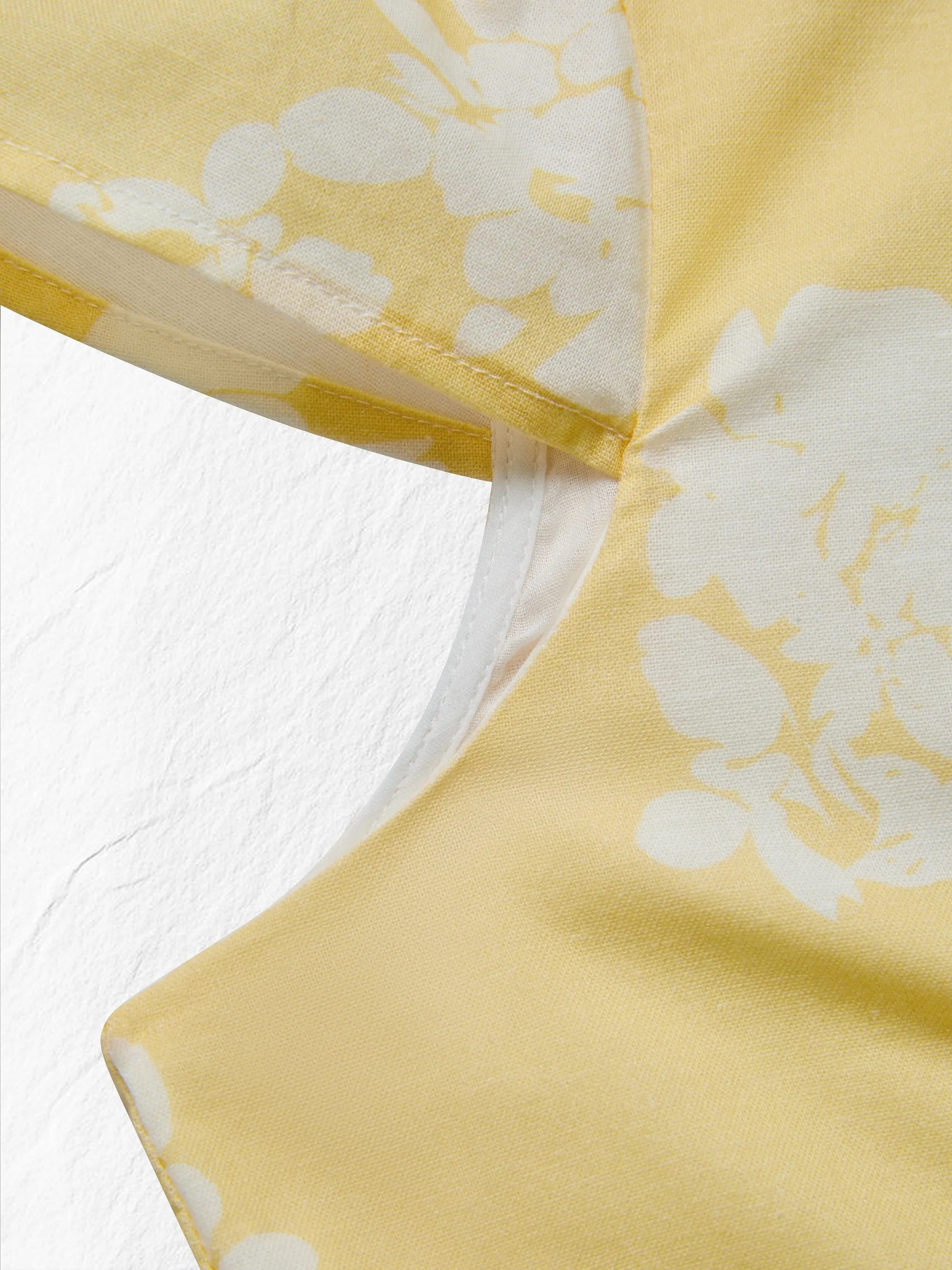 Midi Cotton Dress, Short Sleeves, Floral, French Vintage, Yellow - Yellow