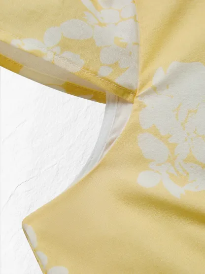 Midi Cotton Dress, Short Sleeves, Floral, French Vintage, Yellow - Yellow