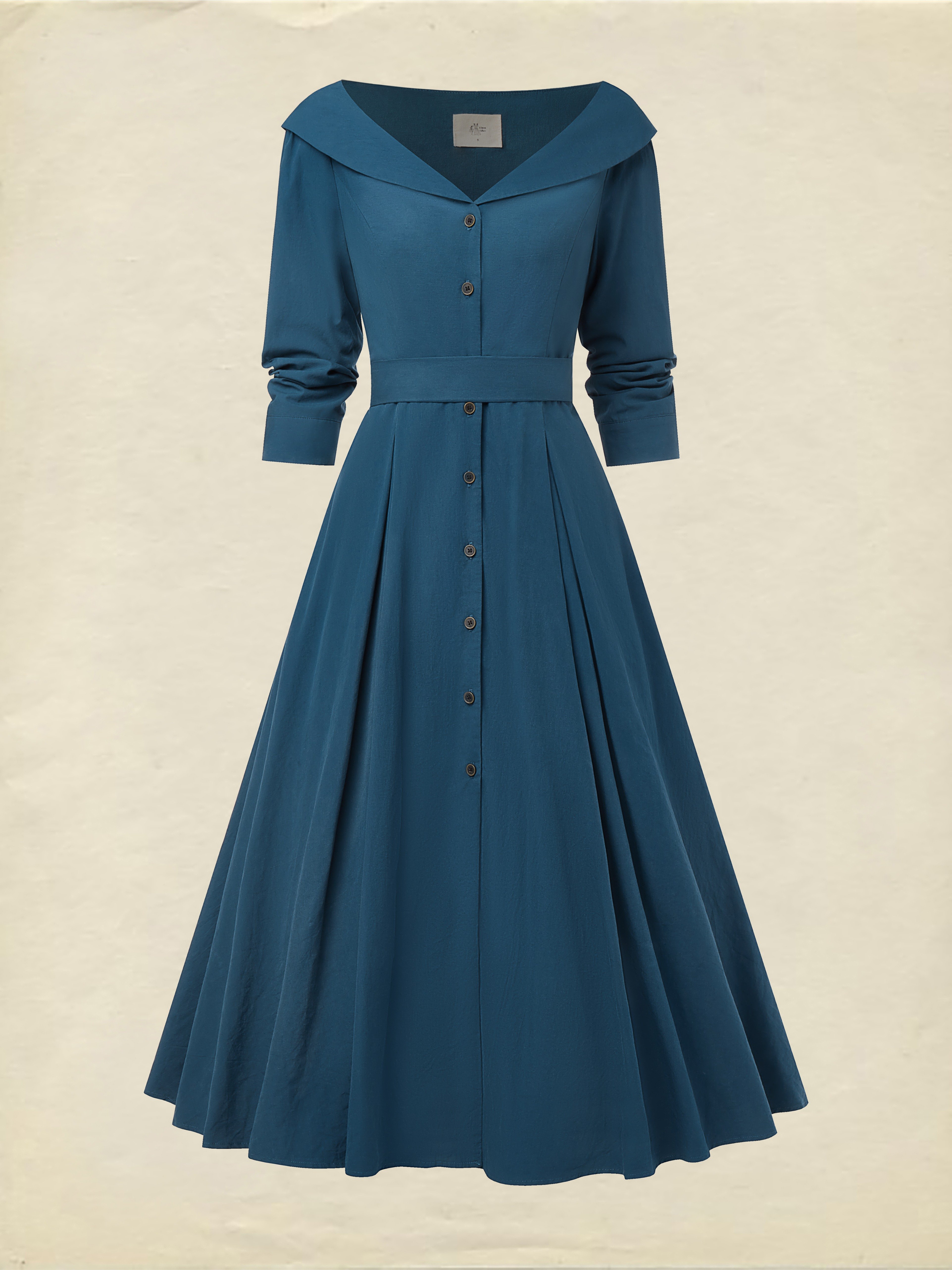 Midi Cotton Dress, Half Sleeve, V Neck, Plain, Button Design, French Vintage, Navyblue - Navyblue