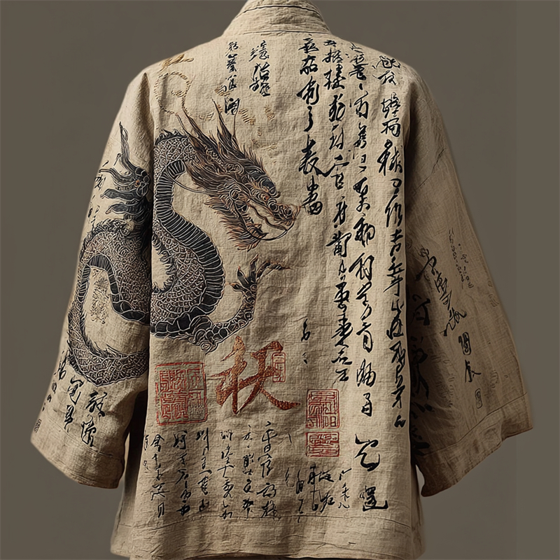 Japanese Gragon Calligraphy Art Embroidered Linen Kimono Cardigan - Khaki