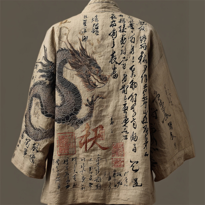 Japanese Gragon Calligraphy Art Embroidered Linen Kimono Cardigan - Khaki