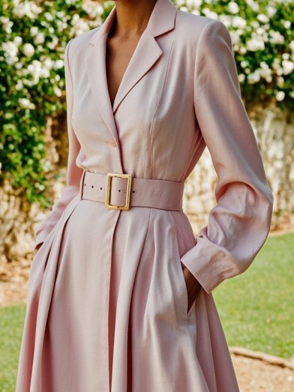 Maxi Cotton Dress, Long Sleeves, Lapel Collar, Plain, Belt Design, Vintage, Light Pink - Light Pink