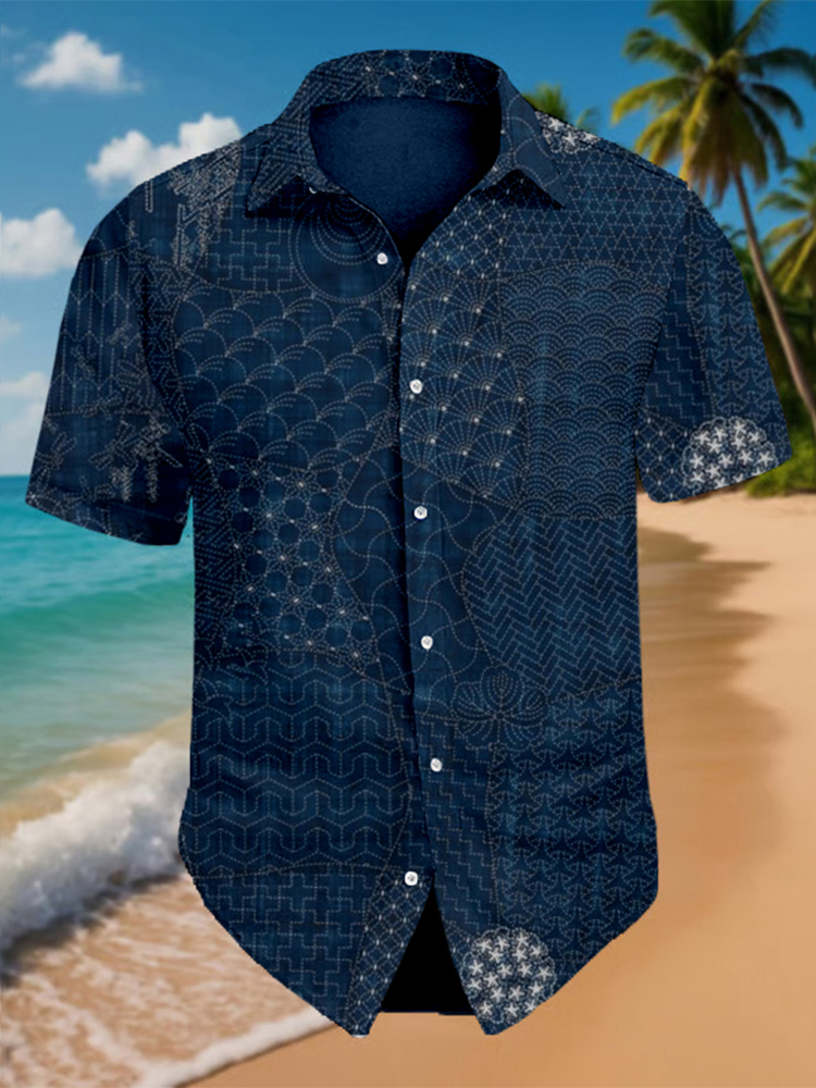 Men's Japanese Traditional Sashiko Art Beach Linen Shirt - Black