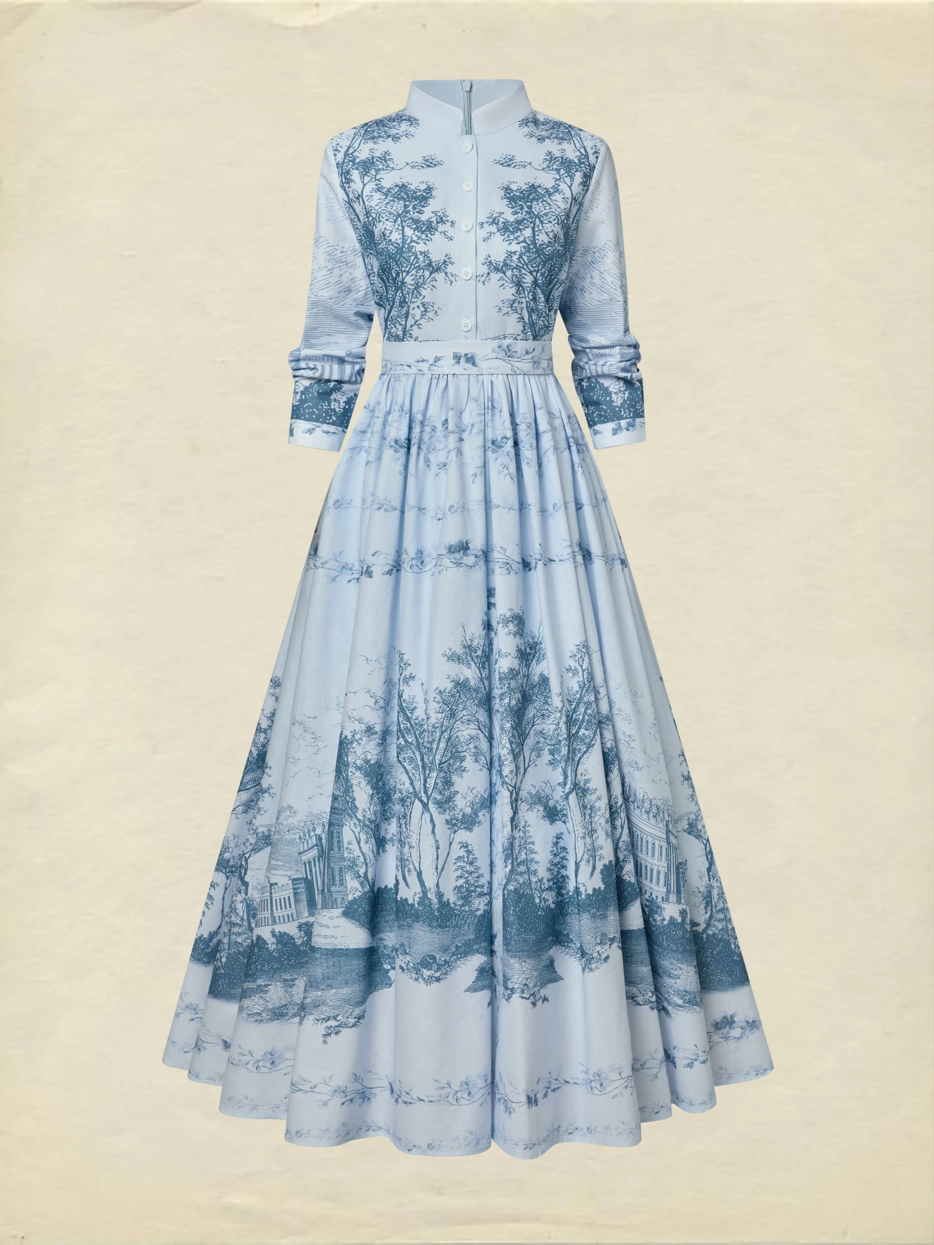 Maxi Cotton Dress, Long Sleeves, Stand Collar, Floral, Pocket Design, Vintage, Blue - Blue