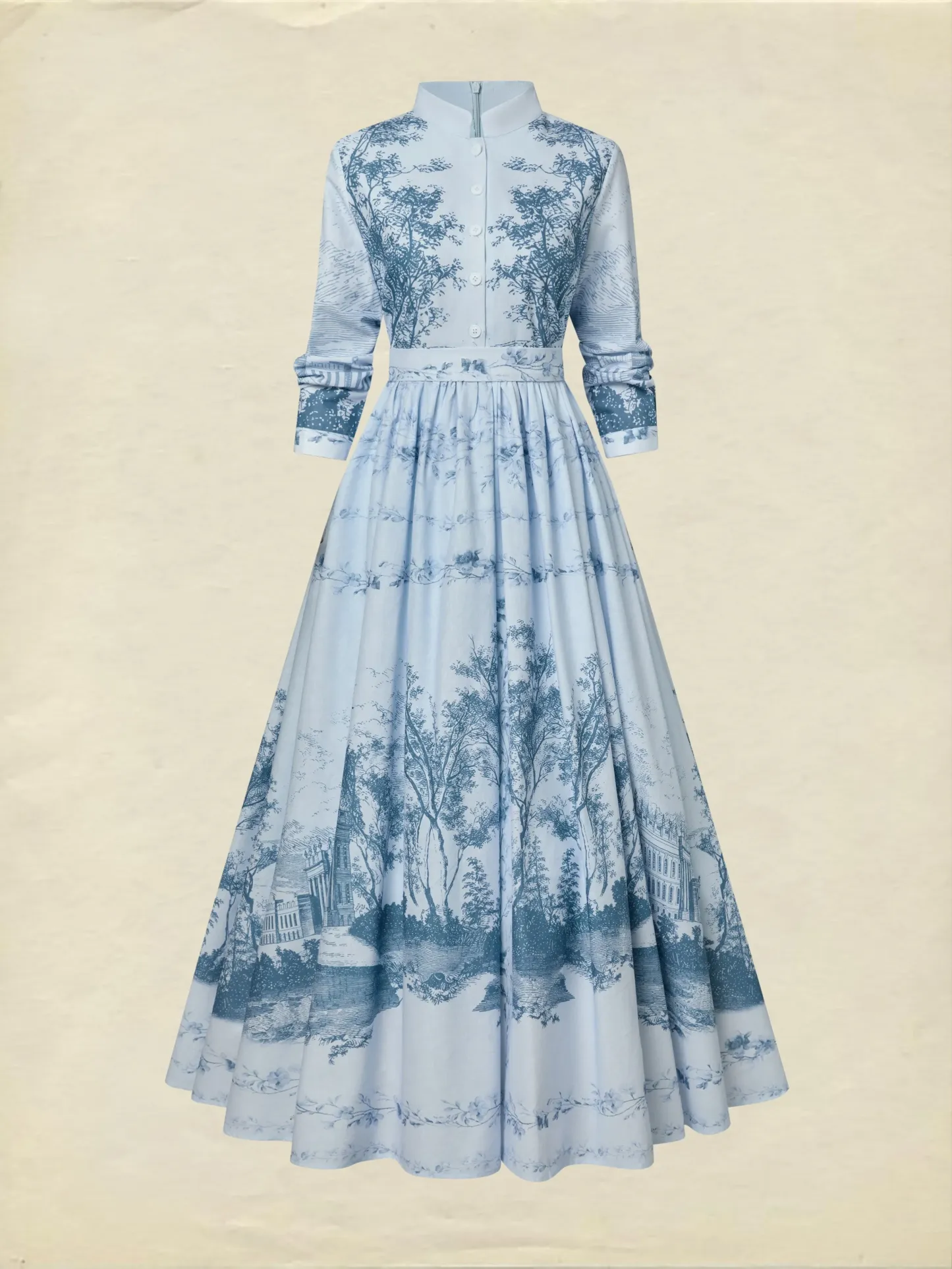 Maxi Cotton Dress, Long Sleeves, Stand Collar, Floral, Pocket Design, Vintage, Blue - Blue