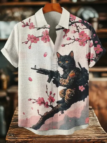 Men's Cats Fighting Under The Flower Tree Retro Nostalgic Print Art Print Casual Shirt - Pink