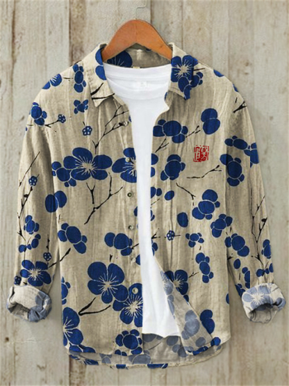 Cherry Blossom Japanese Lino Art Linen Blend Shirt - Black
