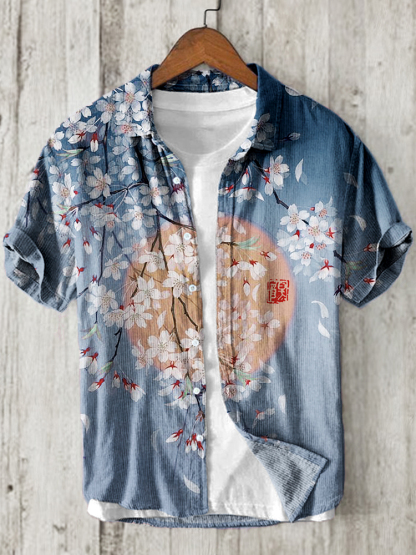Cherry Blossom Full Moon Japanese Art Linen Blend Shirt - Pink