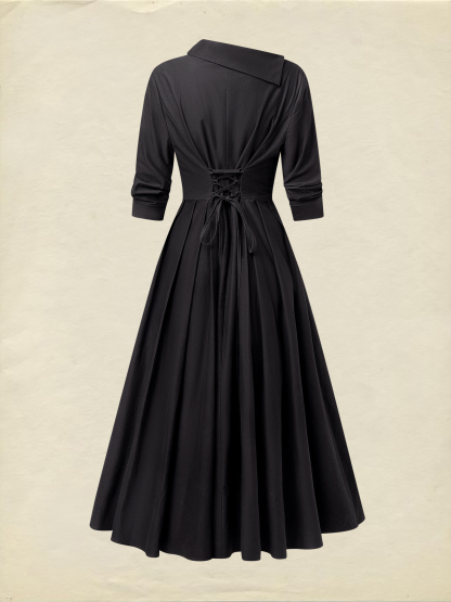 Midi Cotton Dress, Half Sleeve, Shawl Collar, Plain, Pocket Design, Vintage, Crimson - Crimson