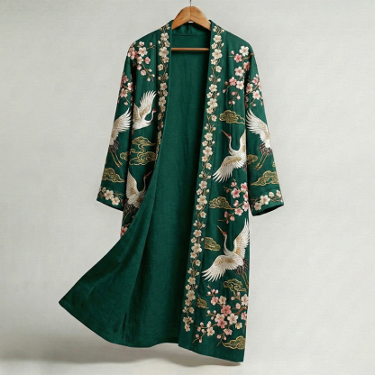 Men's Retro Crane Art Print Linen Long Kimono - Green