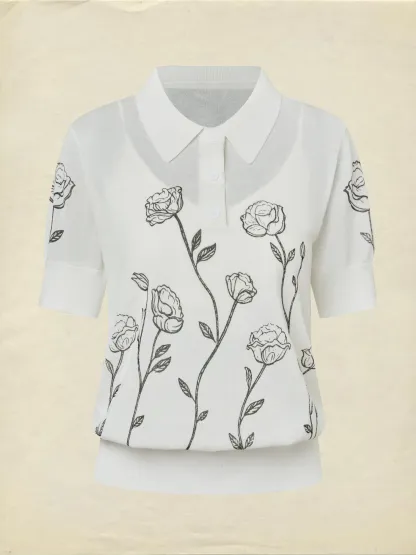 Sweater, Short Sleeves, Shawl Collar, Floral, Button Design, Inner Vest Not Included, White - White