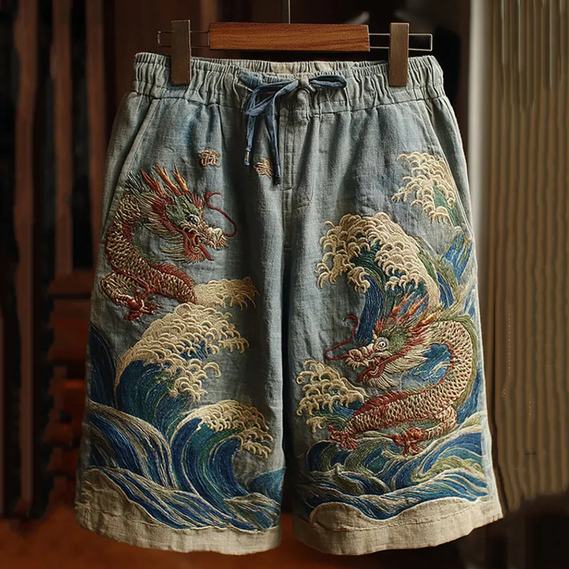 Men's Japanese Dragon Art Contrast Linen Short Pants - Blue