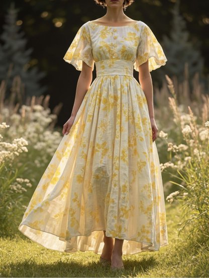 Linen Maxi Dress, Bell Sleeve, Boat Neck, Floral, Vintage, Yellow - Yellow