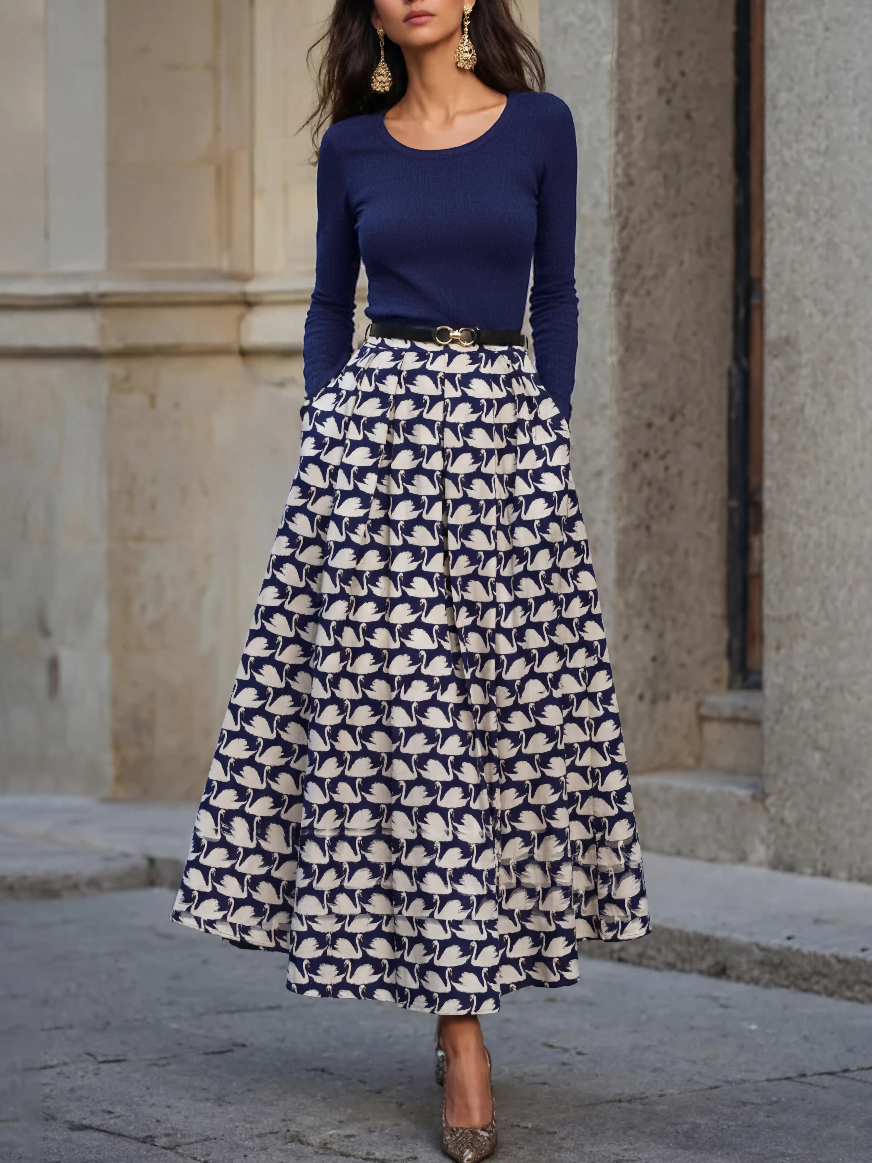 Maxi Cotton Skirt, Animal, Swan Print, Pocket Design, Vintage, Purplish Blue - Purplish Blue