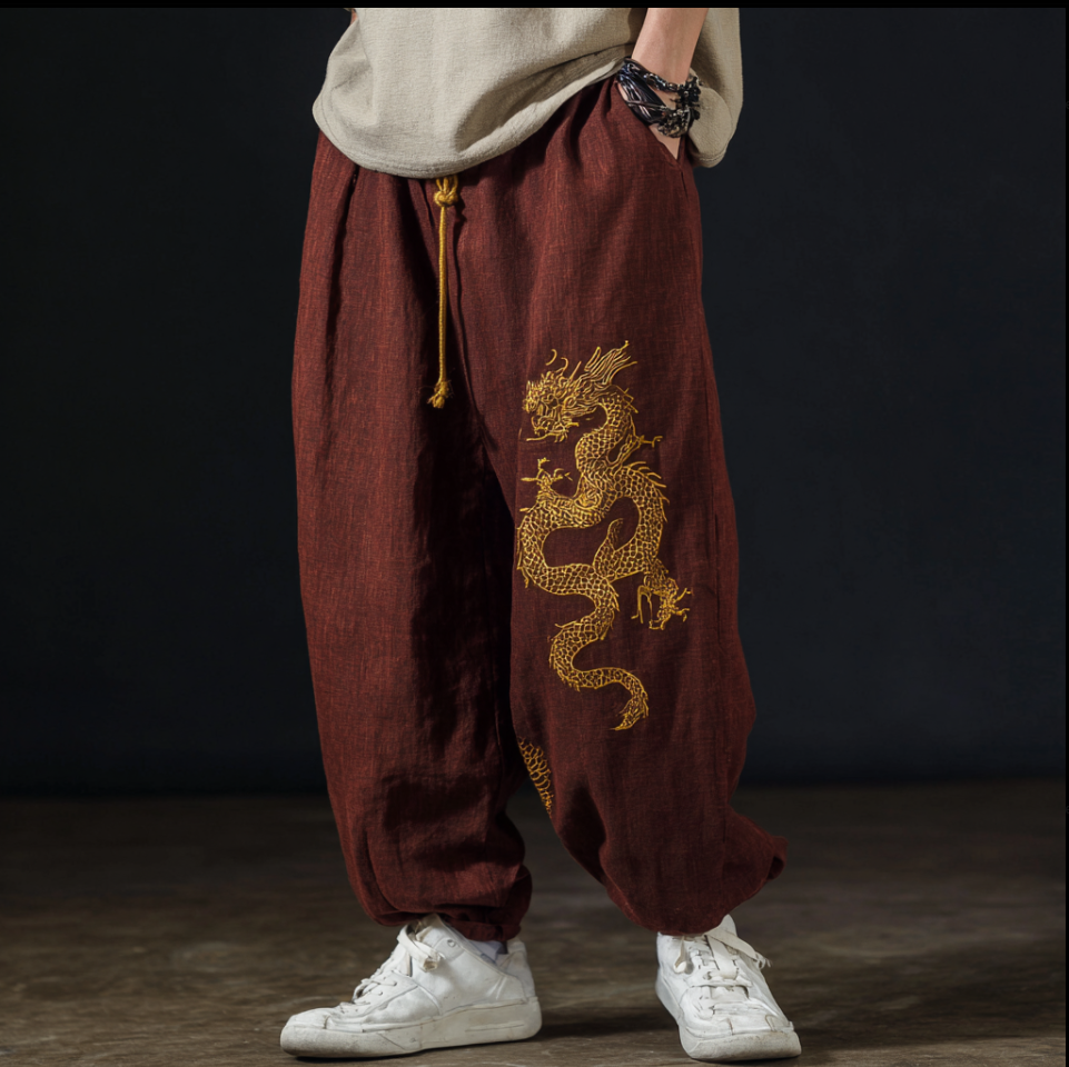 Men's Casual Cotton And Linen Wide-leg Pants With Dragon Patterns And Embroidered Floral Patterns - Black