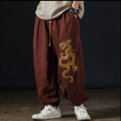 Men's Casual Cotton And Linen Wide-leg Pants With Dragon Patterns And Embroidered Floral Patterns - Black