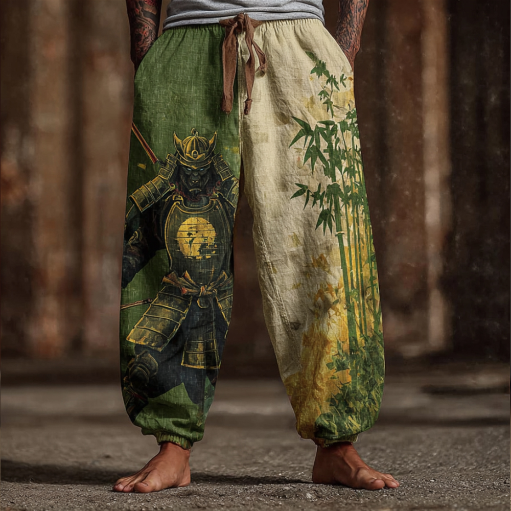 Men's Bamboo Forest And Armored Cat Print Art Linen-cotton Blend Casual Pants - Green