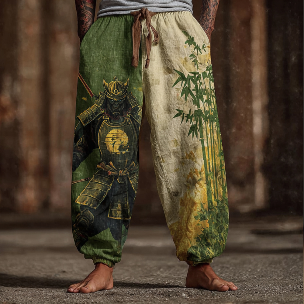 Men's Bamboo Forest And Armored Cat Print Art Linen-cotton Blend Casual Pants - Green