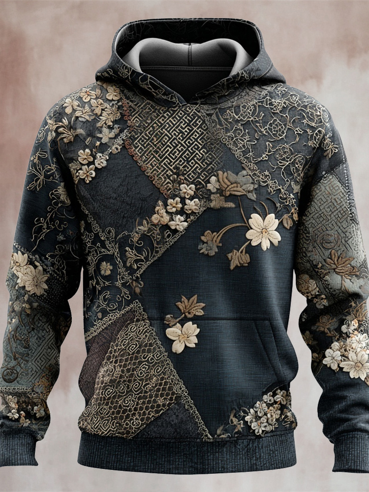 Japanese Floral Patchwork Art Men's Hooded Sweatshirt - Grey