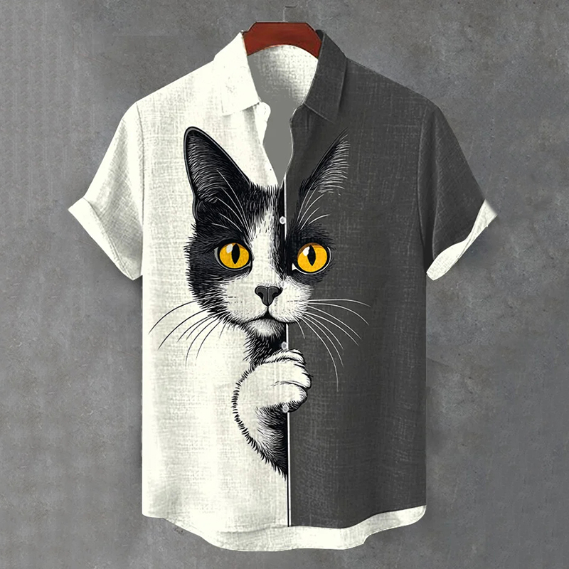 Men's  The Peeping Cat Colorblock Art Casual Short Sleeve Shirts - Black white