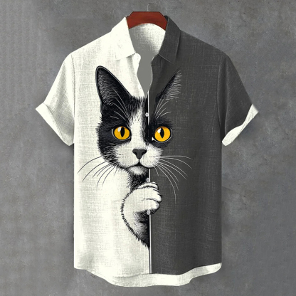 Men's  The Peeping Cat Colorblock Art Casual Short Sleeve Shirts - Black white