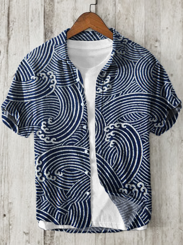 Sea Waves Japanese Lino Pattern Linen Blend Shirt - Black