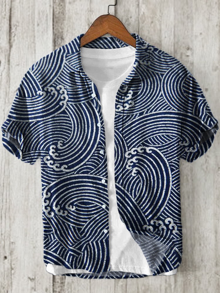 Sea Waves Japanese Lino Pattern Linen Blend Shirt - Black