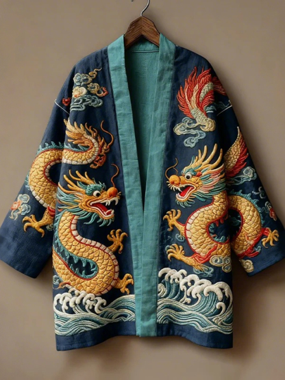 Men's Japanese Dragon And Wave Pattern Yam Kimono - Blue