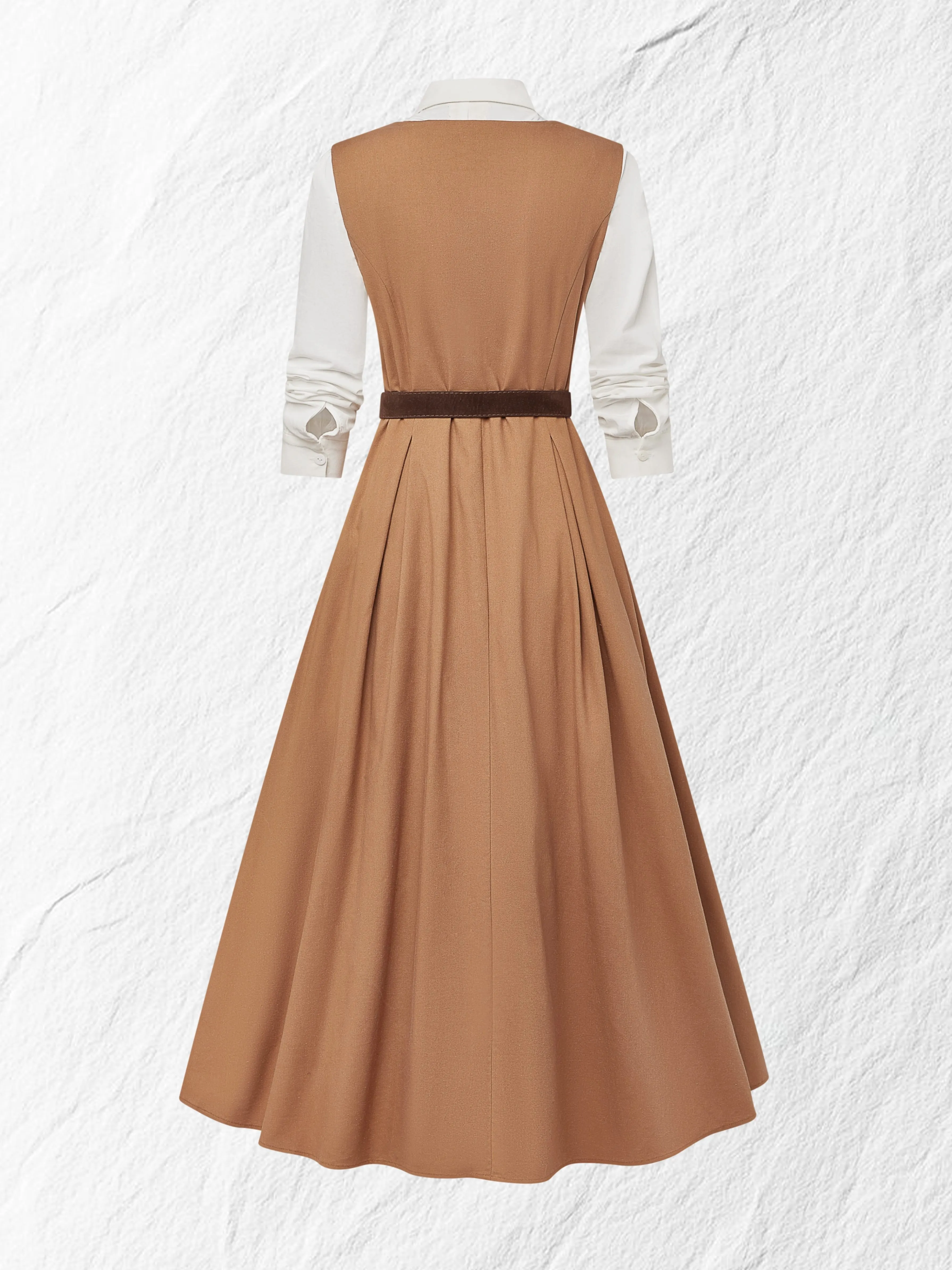 Maxi Linen Dress Set & Shirt, Long Sleeves, Shawl Collar, Plain, Button Design, French Vintage, Light Brown - Light Brown