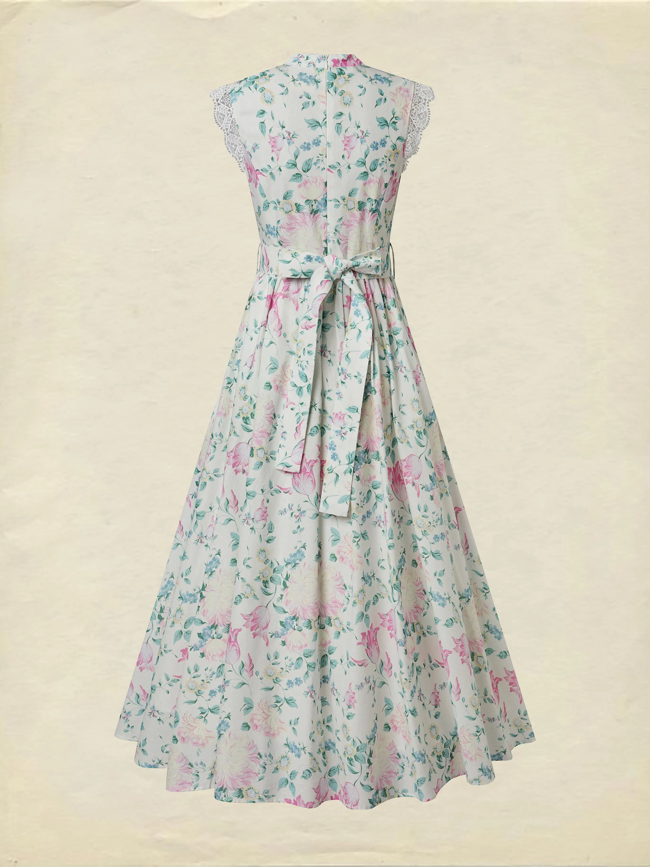 Maxi Cotton Dress, Sleeveless, V Neck, Floral, Lace, Vacation, Vintage, Apricot - Apricot