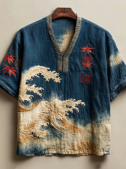 Vintage Japanese Maple & Wave Art Men's Linen V-neck Shirt - Blue