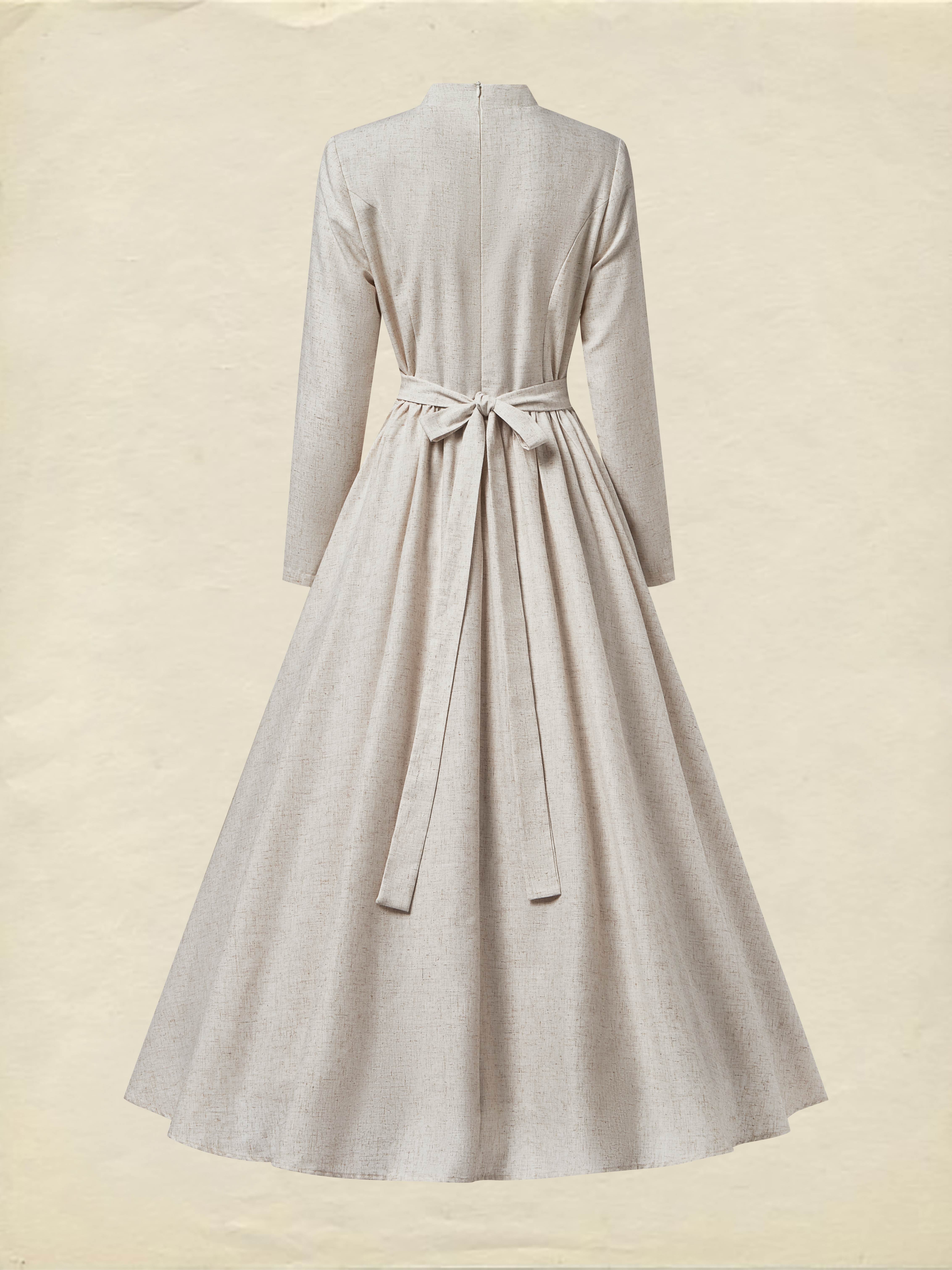 Maxi Linen Dress, Long Sleeve, Stand Collar, Linen Blend, Plain, Vintage, Apricot - Apricot