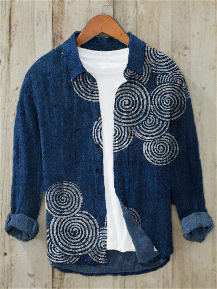 Sea Waves Ripples Japanese Lino Art Casual Shirt - Black