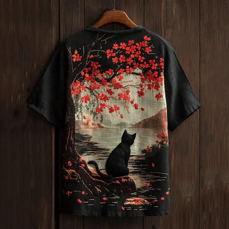 Men's Cat And Cherry Blossom Print Casual V-neck T-shirt - Black