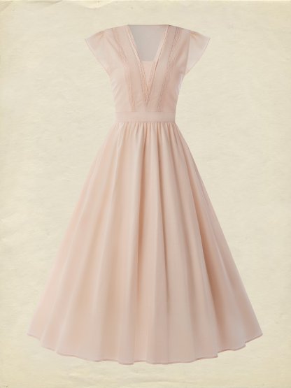 Linen Midi Dress, Short Sleeve, Lace Collar, Plain, Vintage, Light Pink - Light Pink