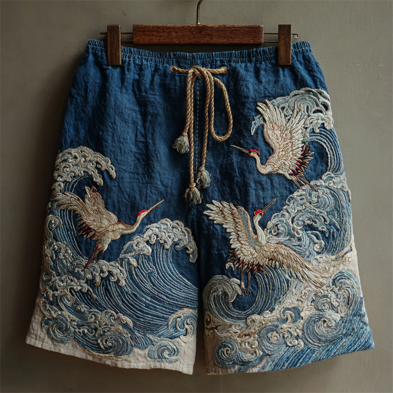 Men's Japanese Cranes Sea Waves Embroidered Linen Shorts - Blue