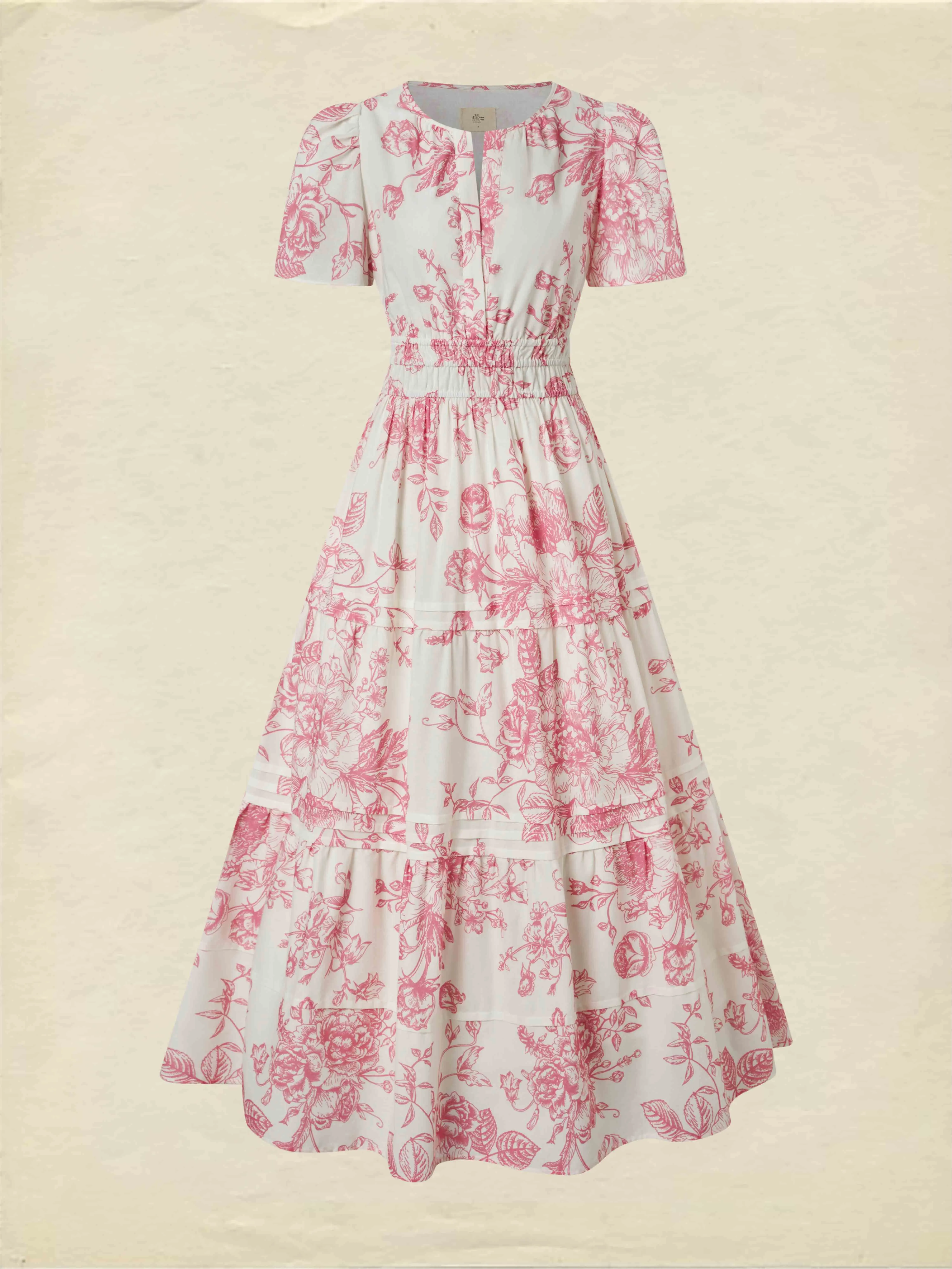 Maxi Cotton Dress, Short Sleeves, V Neck, Floral, Vintage, Apricot - Apricot