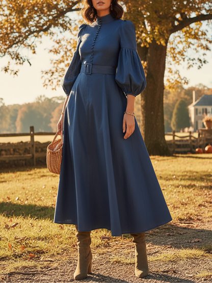 Maxi Cotton Dress, Half Sleeve, Stand Collar, Plain, Belt Design, Vintage, Deep Blue - Deep Blue
