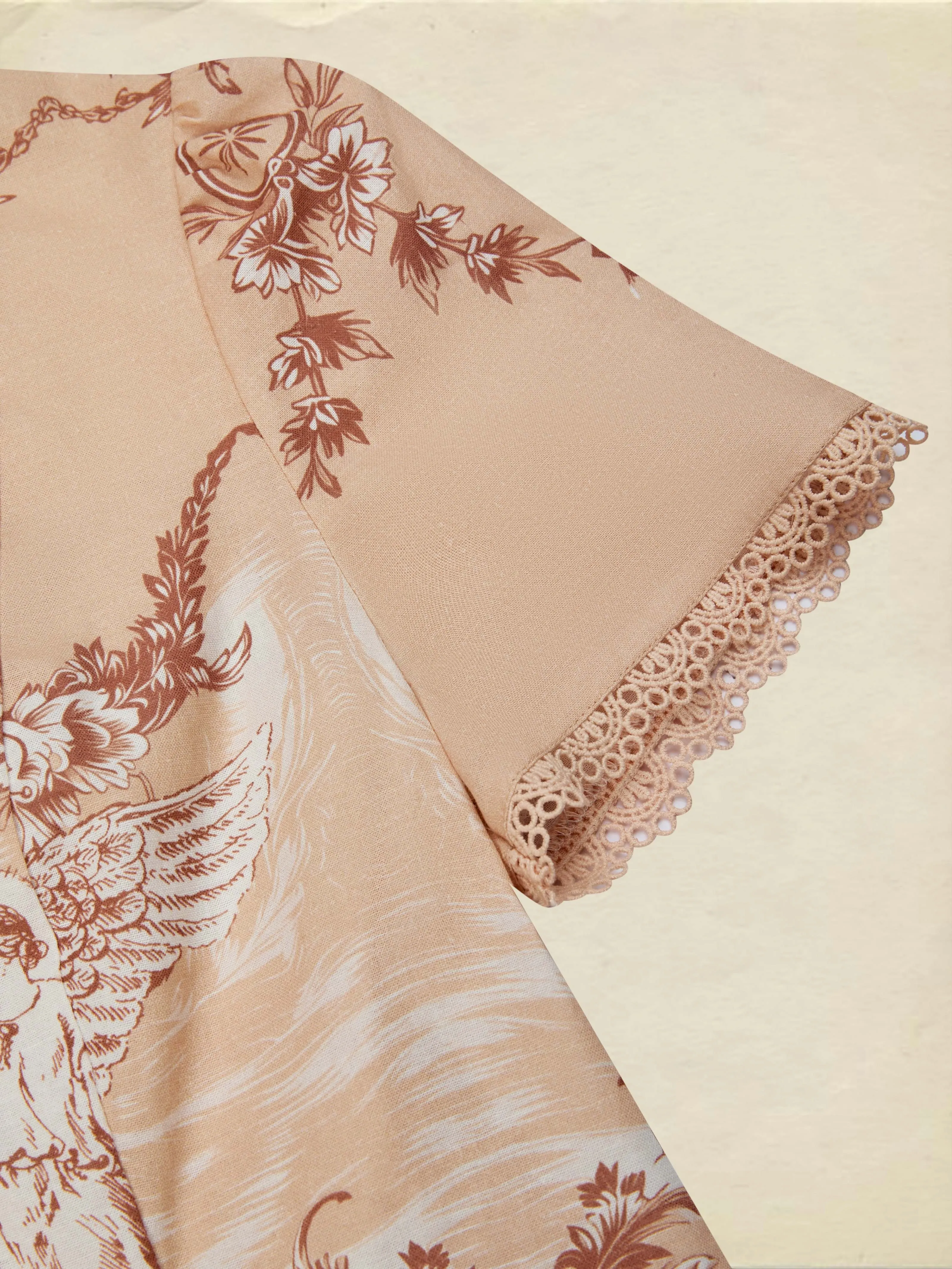 Cotton Shirt, Short Sleeves, Stand Collar, Angel, Lace, Vintage, Caramel - Caramel