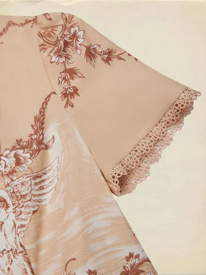 Cotton Shirt, Short Sleeves, Stand Collar, Angel, Lace, Vintage, Caramel - Caramel