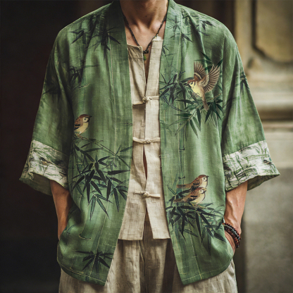 Men's Japanese Bamboo And Bird Art Pattern Linen Blend Kimono Cardigan - Green