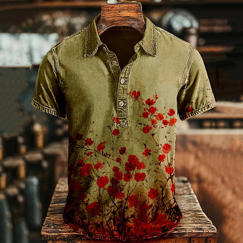 Men's Vintage Japanese Floral Art Polo Shirt - Green