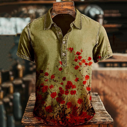 Men's Vintage Japanese Floral Art Polo Shirt - Green