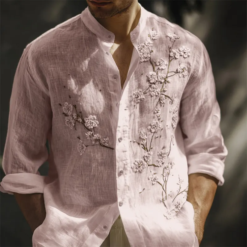 Men's Classy White Almond Blossom Embroidered Linen Shirt - White