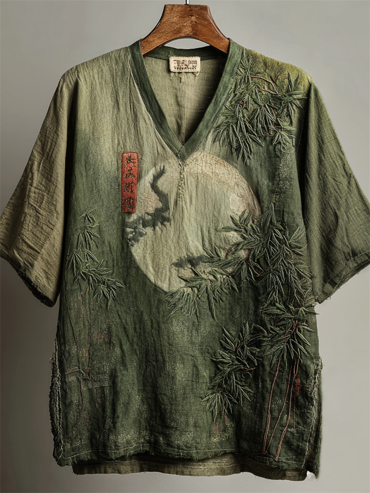 Japanese Bamboo Forest Full Moon Embroidered Gradient Linen Shirt - Green