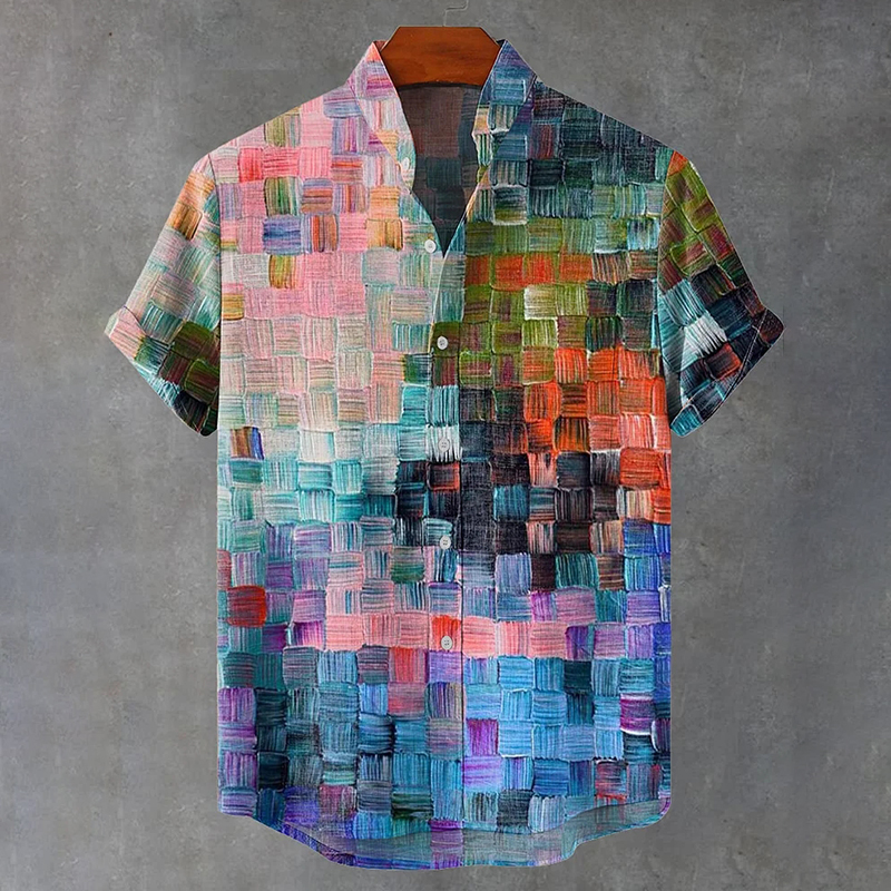 Oil Painting Style Lattice Vintage Art Print Casual Cotton Linen Shirt - Multicolor