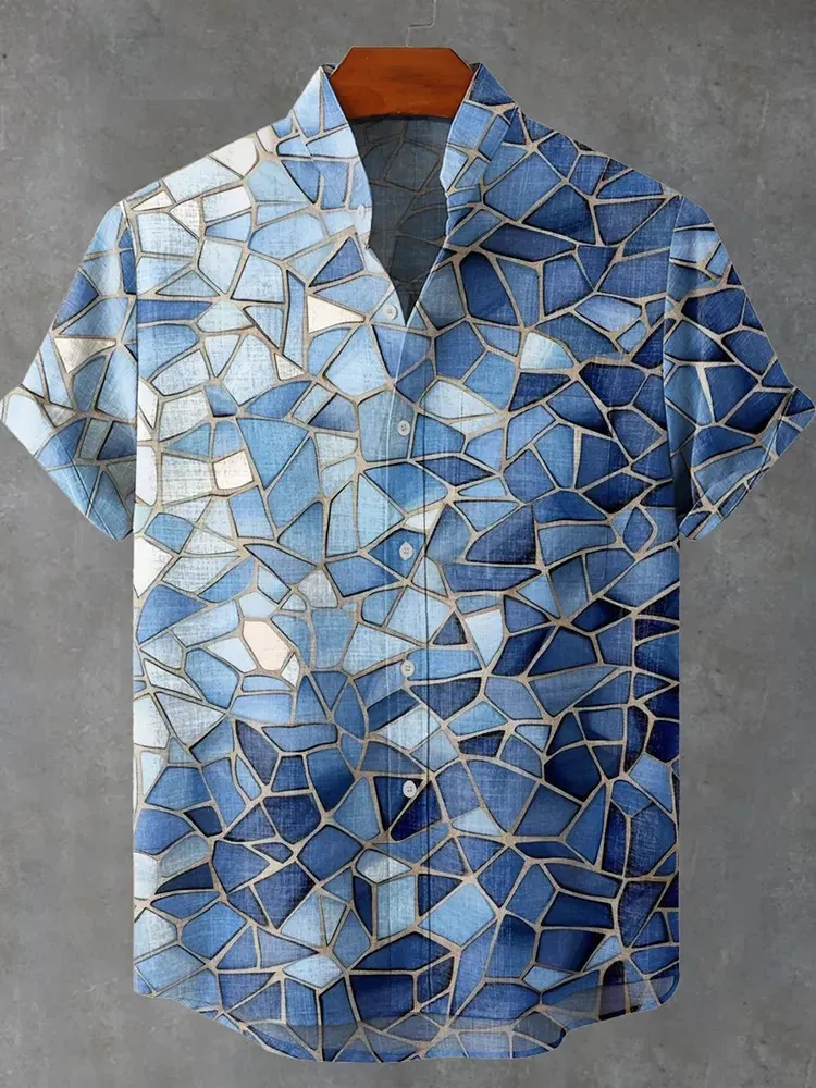 Blue Gradient Glass Texture Art Vintage Print Casual Cotton Shirt - Blue